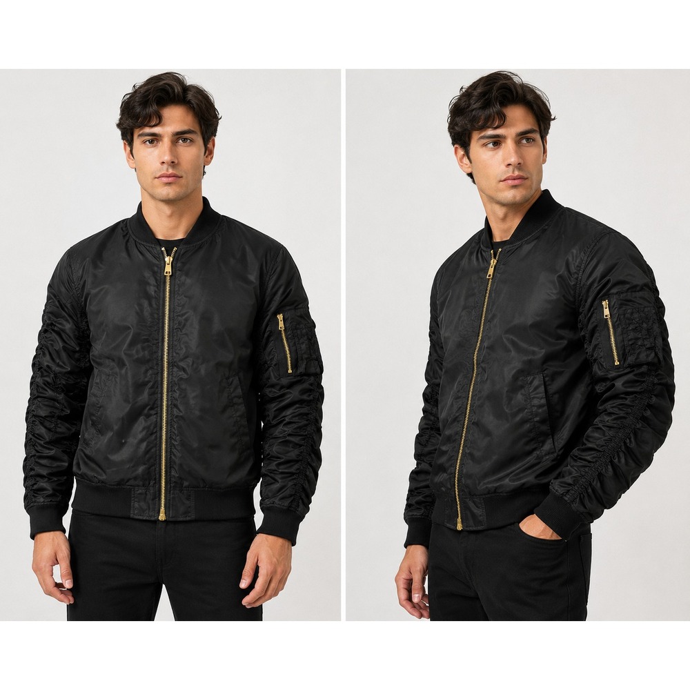 Jaywalker Bomber Jacket Mens XL Black Ruched Sleeve Gold Zip Flight Utility Coat